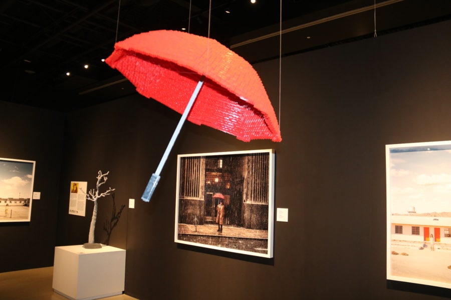 red lego umbrella hanging from ceiling