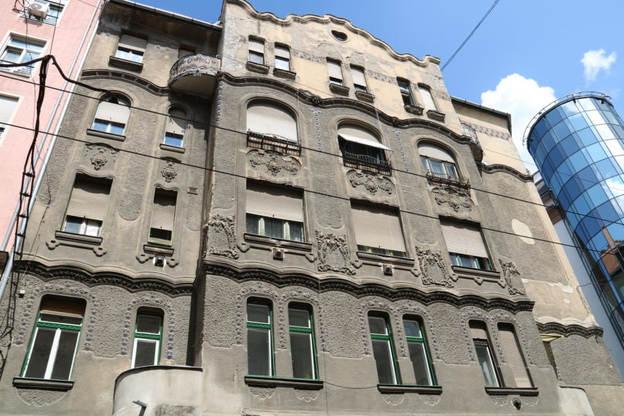 image taken of greyish building that likely was white originally as told to us by our Budapest private guide