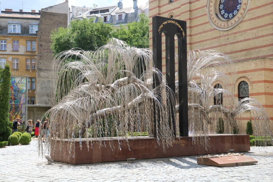 image taken with Budapest private guide of a large silver willow tree in front of the synagogue