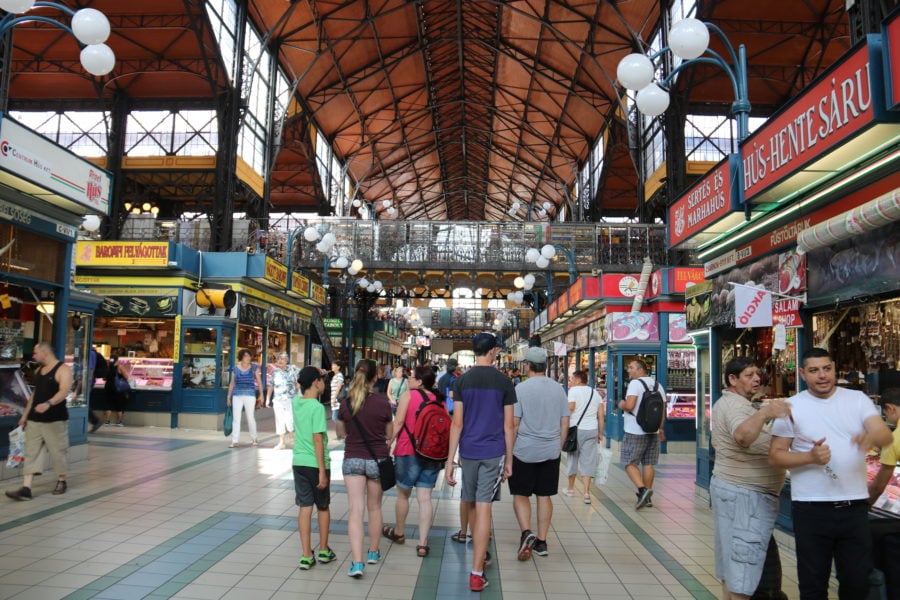 image of us in Budapest with kids exploring the inside of the central market hall