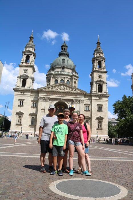 image taken on Budapest walking tour of us standing in front of the basilica