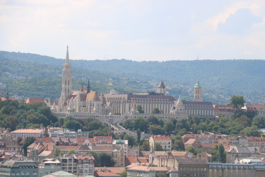 image from top of st. istvan's cupola looking across the Danube to Matthias Church and Fisherman Bastion Budapest