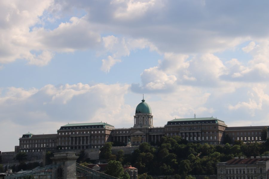 A full front view of the Royal Palace taken from a distance with green roof visible is great Budapest activities