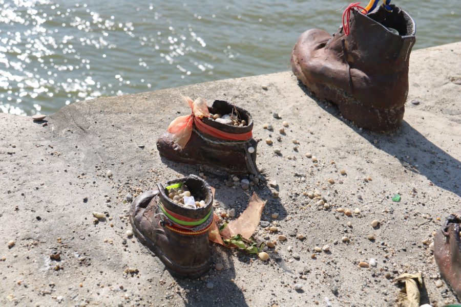 image of toddlers first shoes, facing the river which is by far one of the best Budapest activities