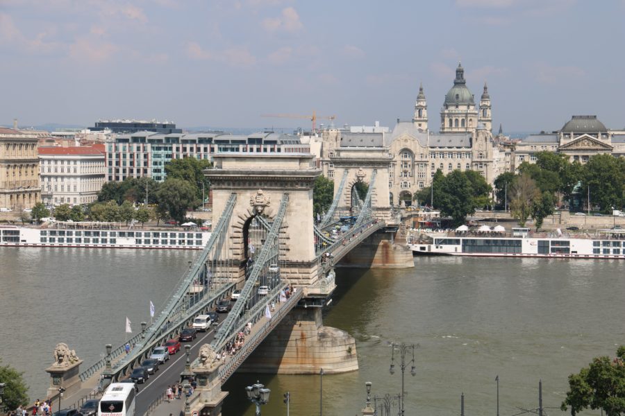image of Chain Bridge taken from the Buda side with St. Istvan Cupola in background