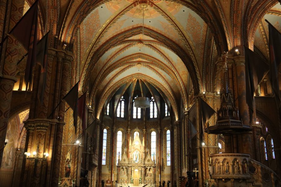image of interior Matthias church Budapest showing painted ceilings in moorish style