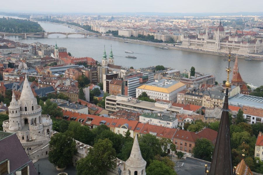 image of view from Matthias church showing the Danube, Parliament and Fisherman's Bastion directly below