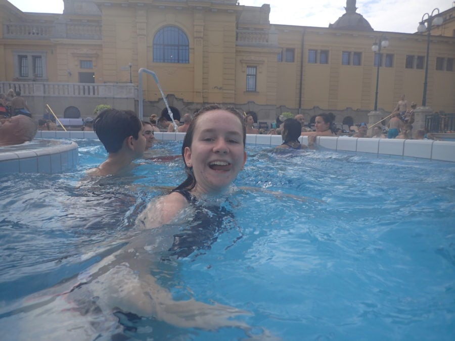 Sydney floating in the whirlpool at the Szechenyi Baths