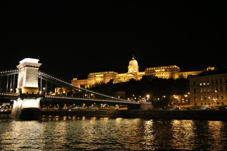 image of one pillar of the Chain Bridge with the royal palace lit up in the background