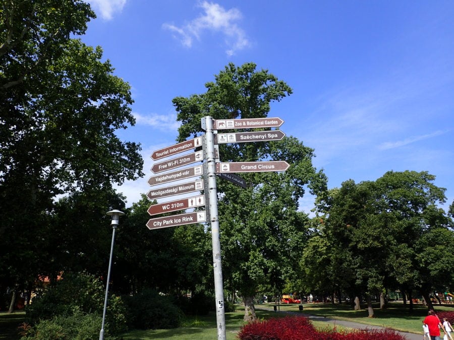 sign in Budapest City Park providing directions to Szechenyi Baths