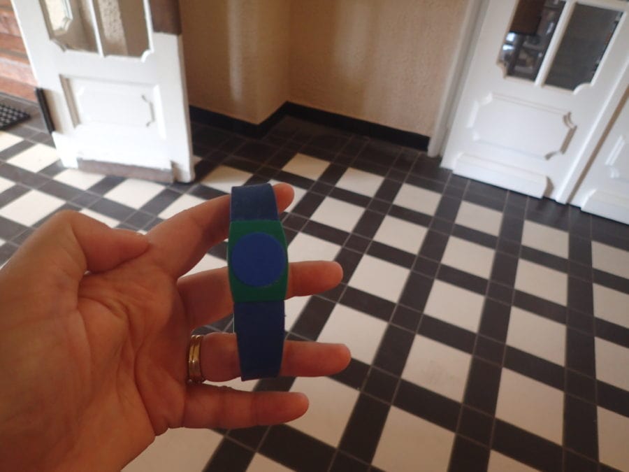 blue and green plastic entrance bracelet for Szechenyi Baths