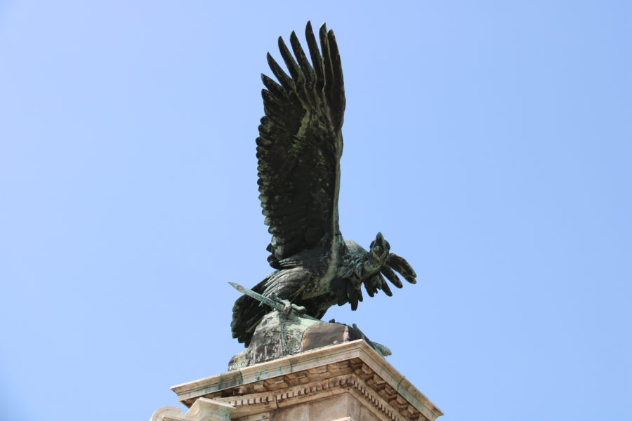 image of large green bird holding sword on Castle Hill is one of great Budapest activities