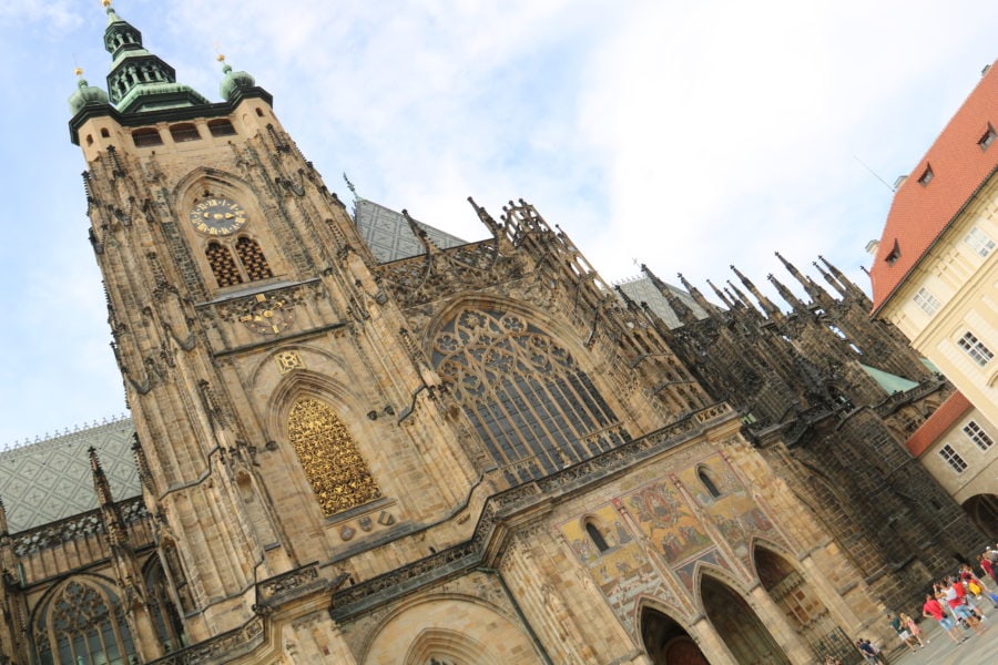 image of St Vitus cathedral taken at an angle to see the tower and the sides