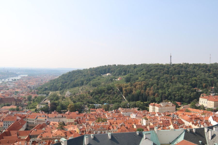 image of orange roof tops and green lush mountain with eiffel tower like structure Petrin Hill