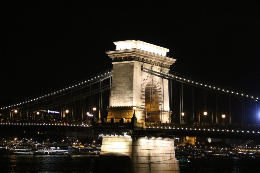 image of chain bridge lit up at night