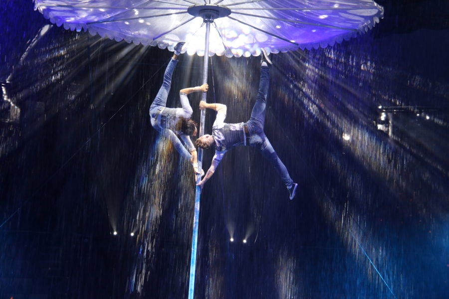image of pole acrobats in water
