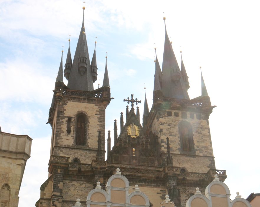 image of a close up of the spires of the Tyn church showing the halo around the virgin mary