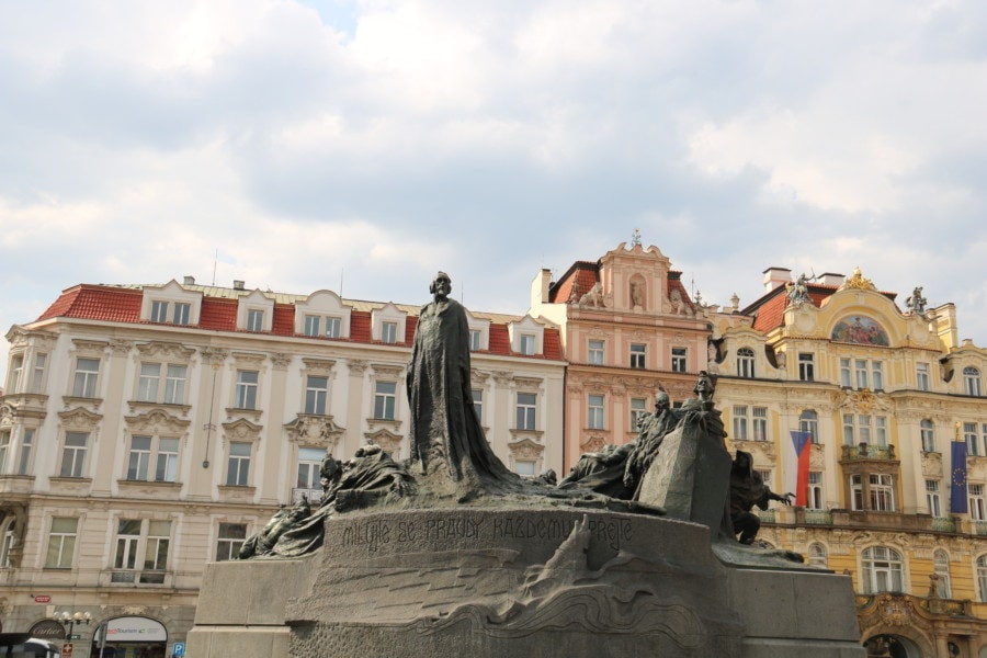 image of large statue of Jan Hus in prague old town square on day 1 of 3 days in Prague itinerary