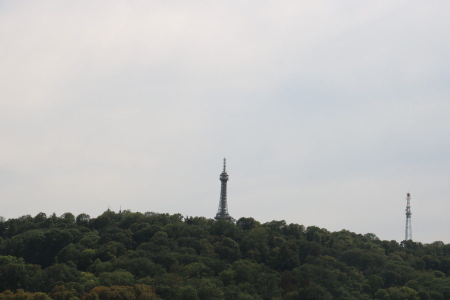 image of miniature eiffel tower on a tree filled mountain