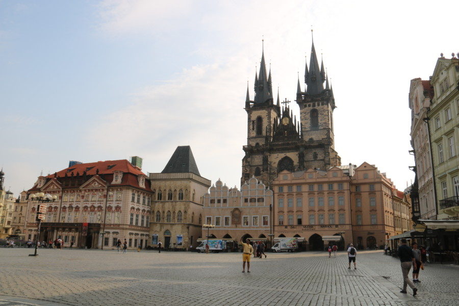 image of an empty old town square with Tyn church in the background day 3 Prague itinerary