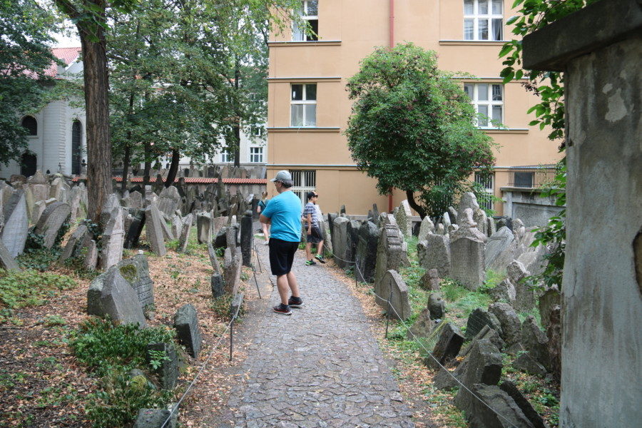 image of family walking a path through Old Jewish cemetery prague on day 3 in prague