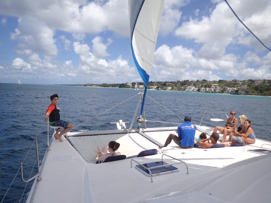 front of Barbados catamaran with 12 people and plenty of space