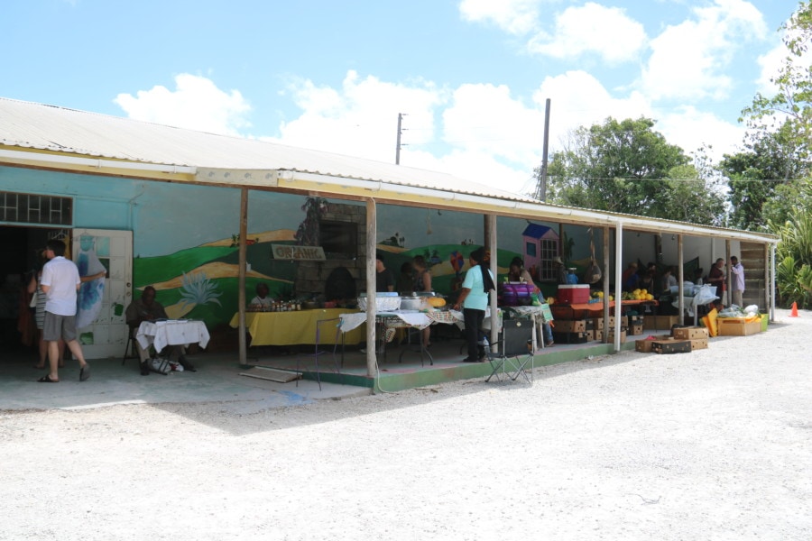 single covered row of tables filled with fruit and vegetables is great Barbados attraction 