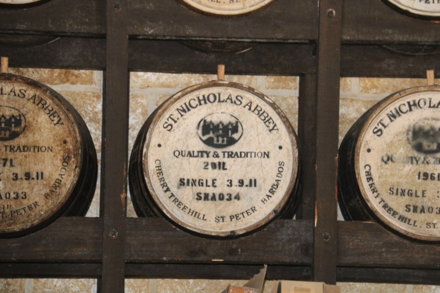kegs of rum with the St. Nicholas Abbey name on them 
