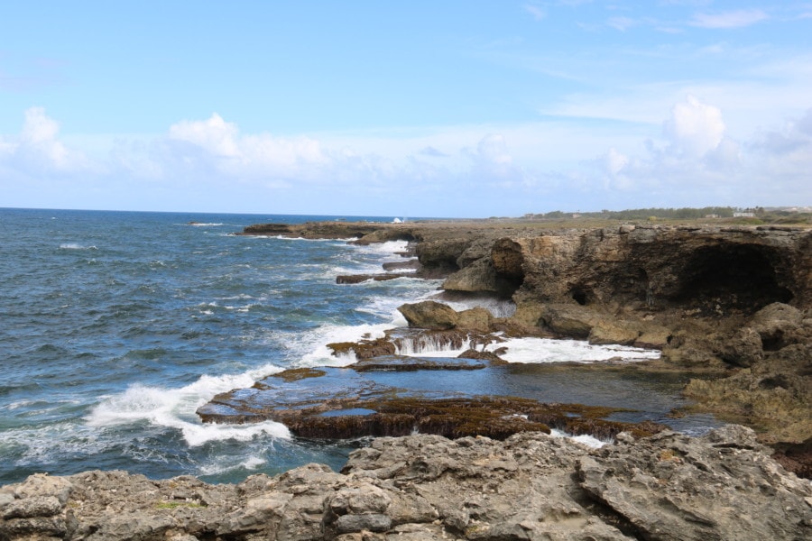High cliffs with crashing waves of Caribbean Sea in Barbados