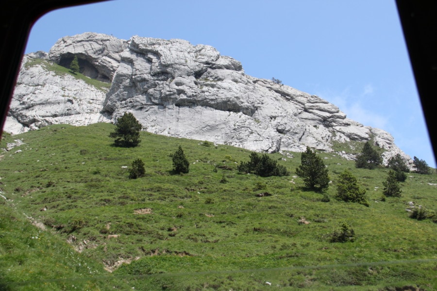 Swiss green field with stone cliff above