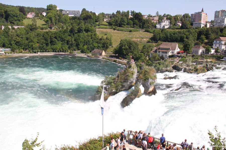 Looking down at lower platform in front of Rheinfall