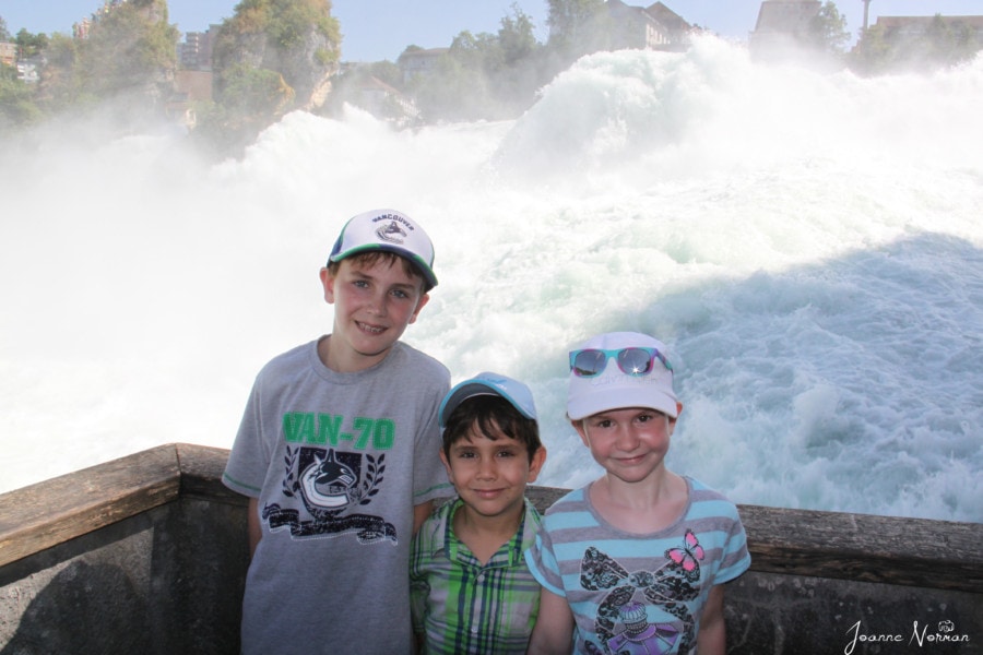 my three kids in front of rush lower Rheinfall
