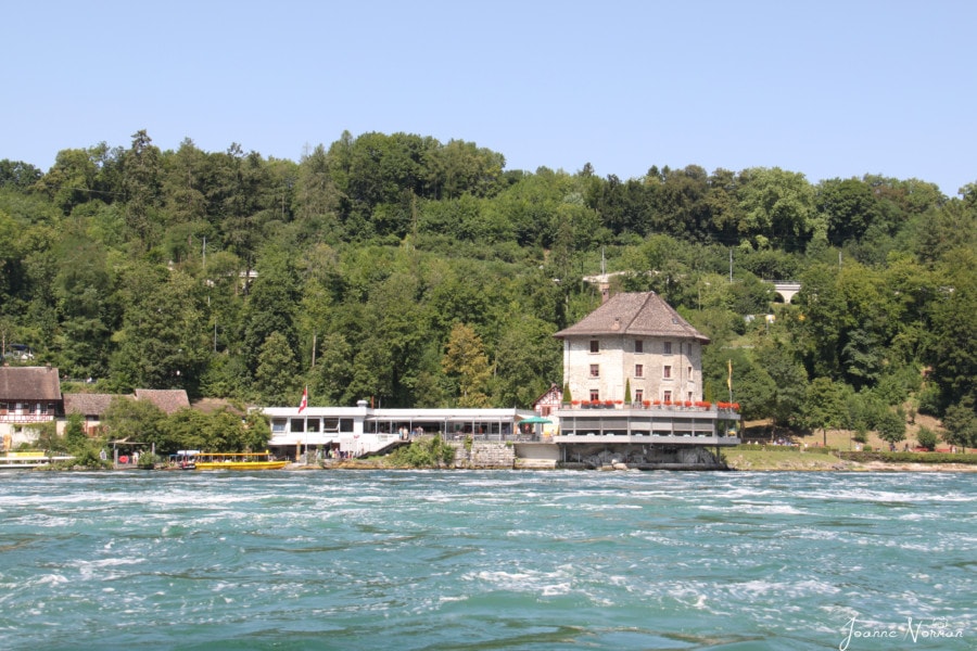 photo taken while we are on boat of castle and boardwalk on other side of Rheinfall