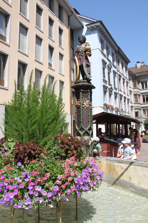 Tall statue of black person with gold shield with fountain and pink and purple flowers flowing below in Schaffhausen Switzerland