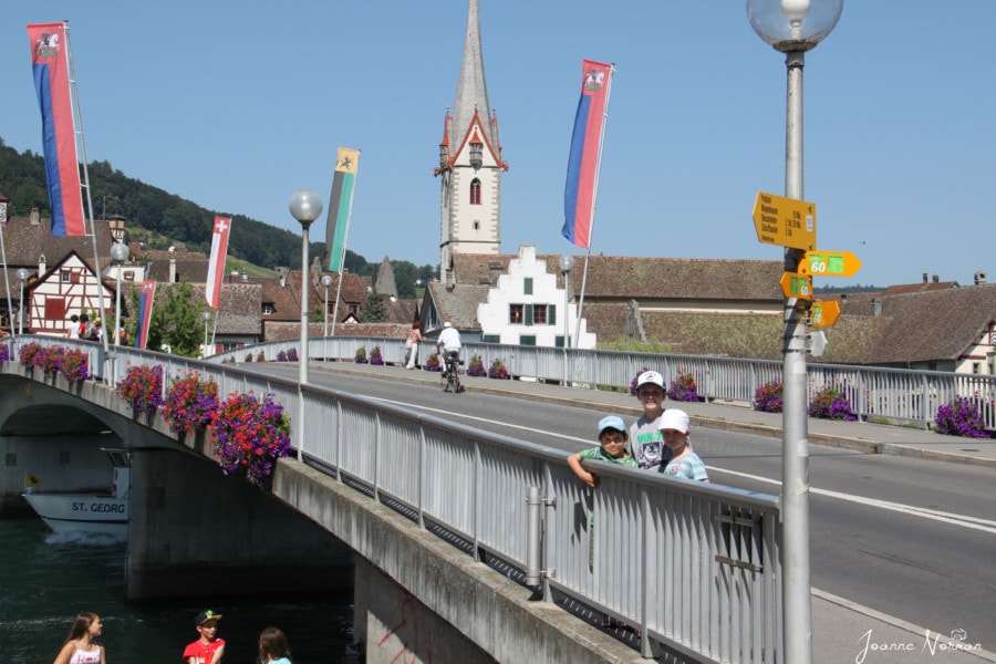 kids standing on Stein am Rhein bridge with metal railing and purple and red flowers hanging over