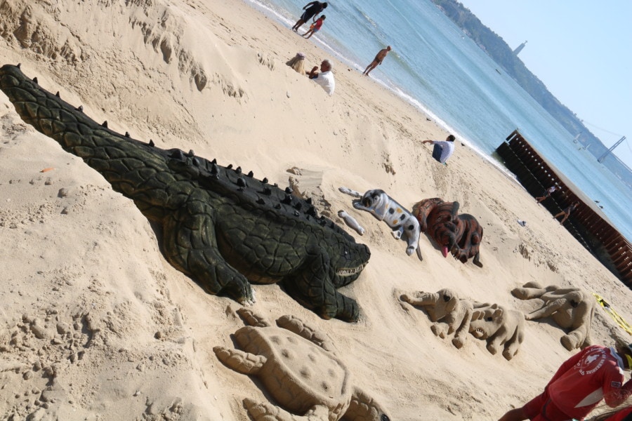 animal sand sculptures including alligators and turtles