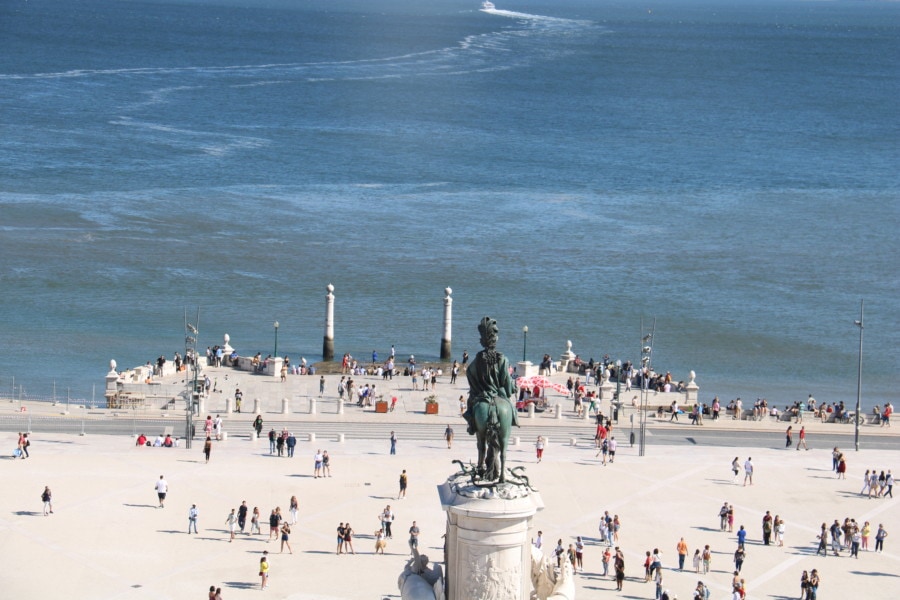 aerial view of Praca da Comercio with statue in middle of square