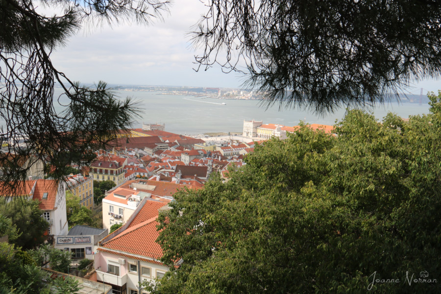 peeking between green trees to see the orange rooftops of Lisbon and the river in Alfama