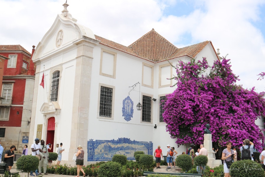 white church with blue tiled murals and purple trees in front is beautiful thing in Alfama