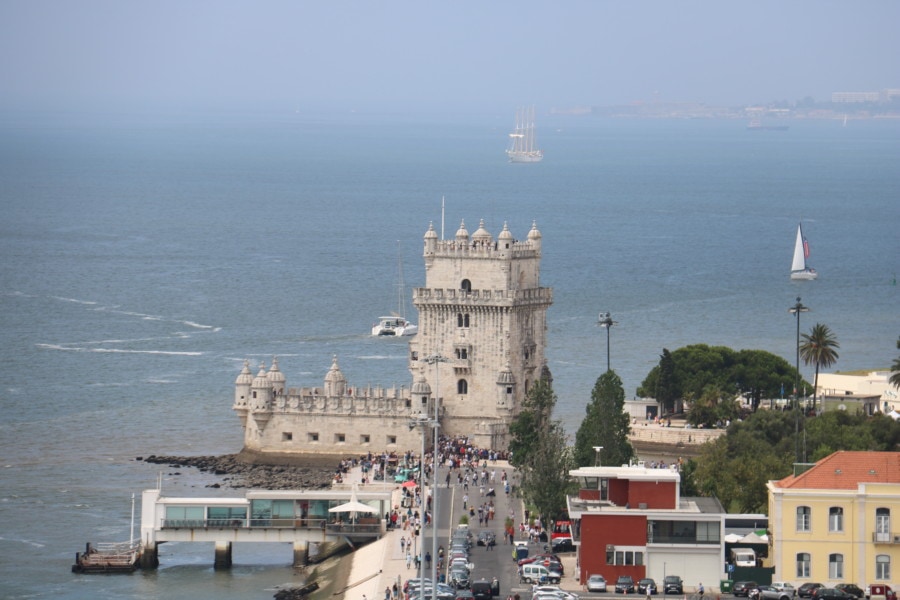 Belem waterfront and Belem tower as viewed from Monument of the discoveries