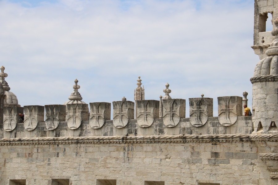 top decoration of Belem Tower with shields holding the crosses of the order of christ 
