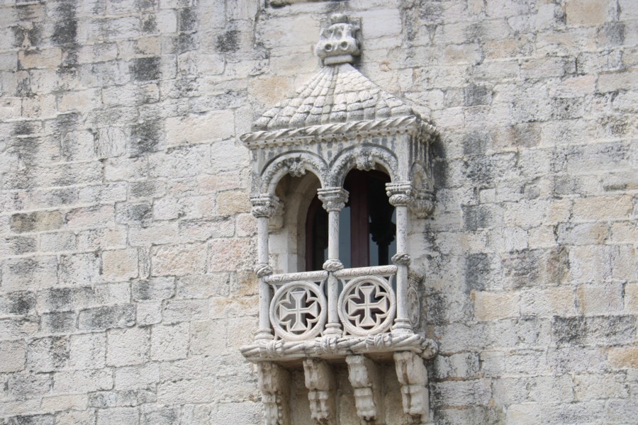 stone window on Belem Tower with order of christ crosses
