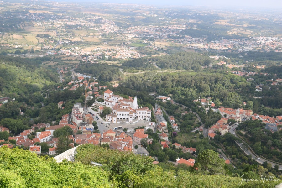 View of white Sintra palace and village of Sintra