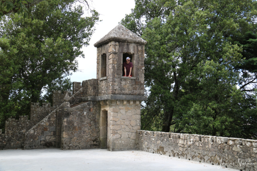 mini castle with Lucas looking through stone window