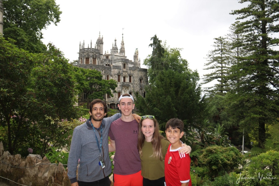 kids with our guide in front of Palacio de Regaleira