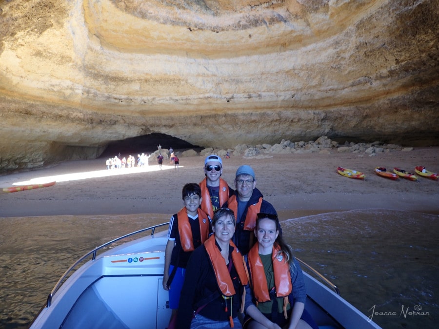 family pic of us in boat inside Benagil Cave