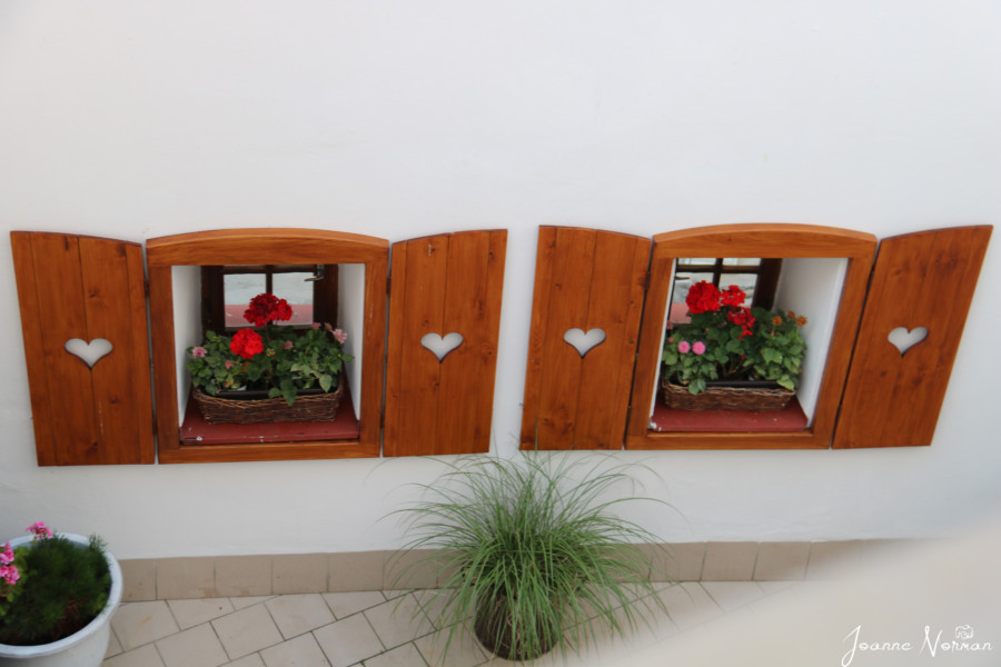 windows with red flowers and wooden shutters