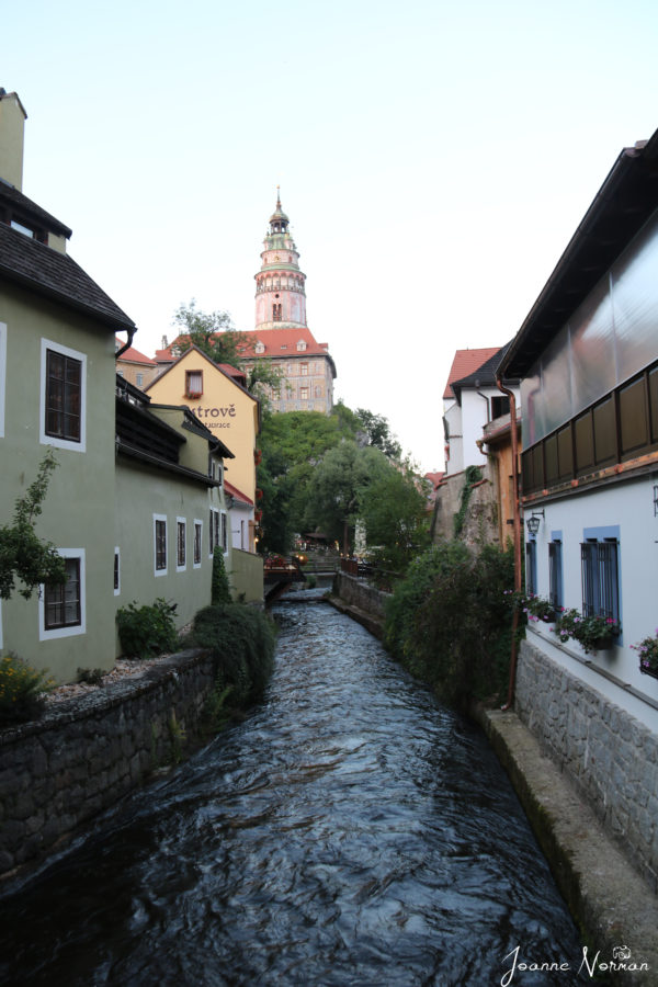 Krumlov castle tower at the end of river