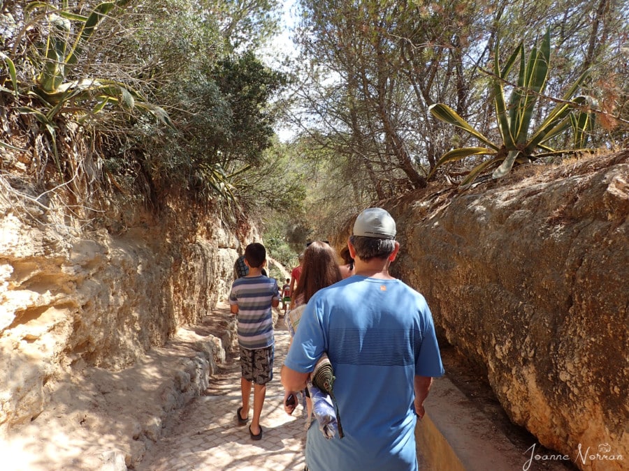 Family walking through stone walkway with trees Things to do in Carvoeiro Praia da Marinha