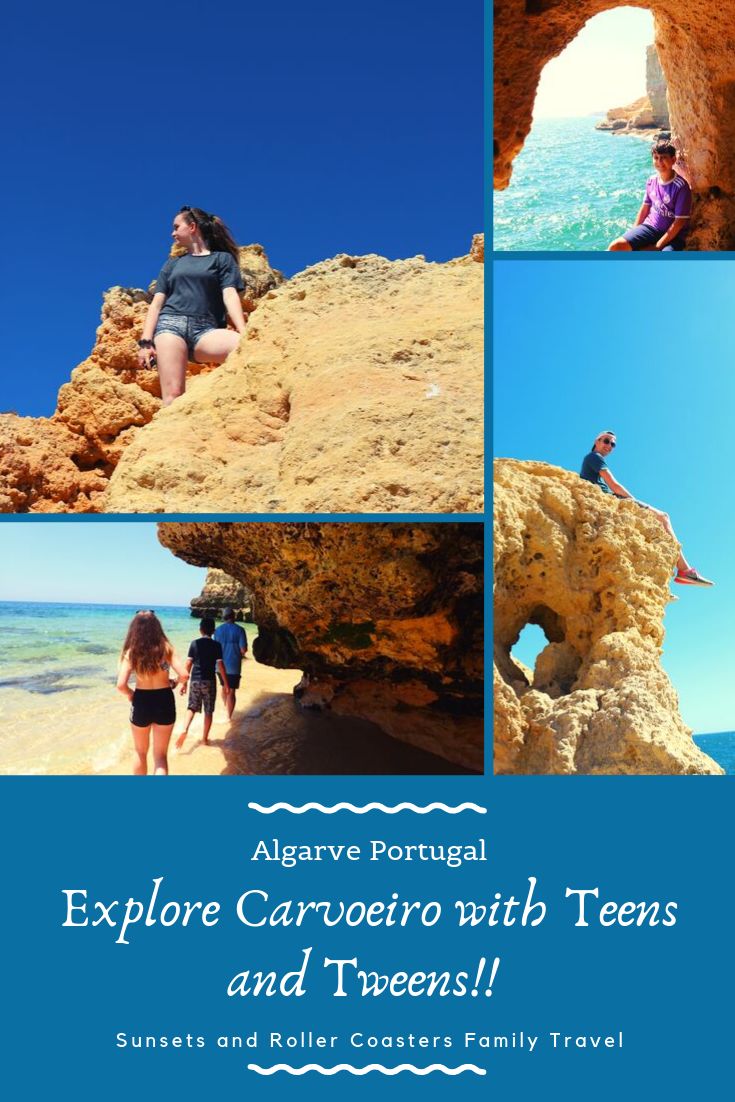 Carvoeiro Algarve is perfect location for teens and tweens! Filled with fun and adventure this village in the south of Portugal has something for everyone in the family ~ Just a few of the amazing things to do in Carvoeiro include exploring and enjoying incredible rock formations, beautiful beaches, exciting boat tours, mysterious caves, great food and so much more!! #portugal #algarve #carvoeiro #travelwithkids #teentravel #europetravel #familytravel 